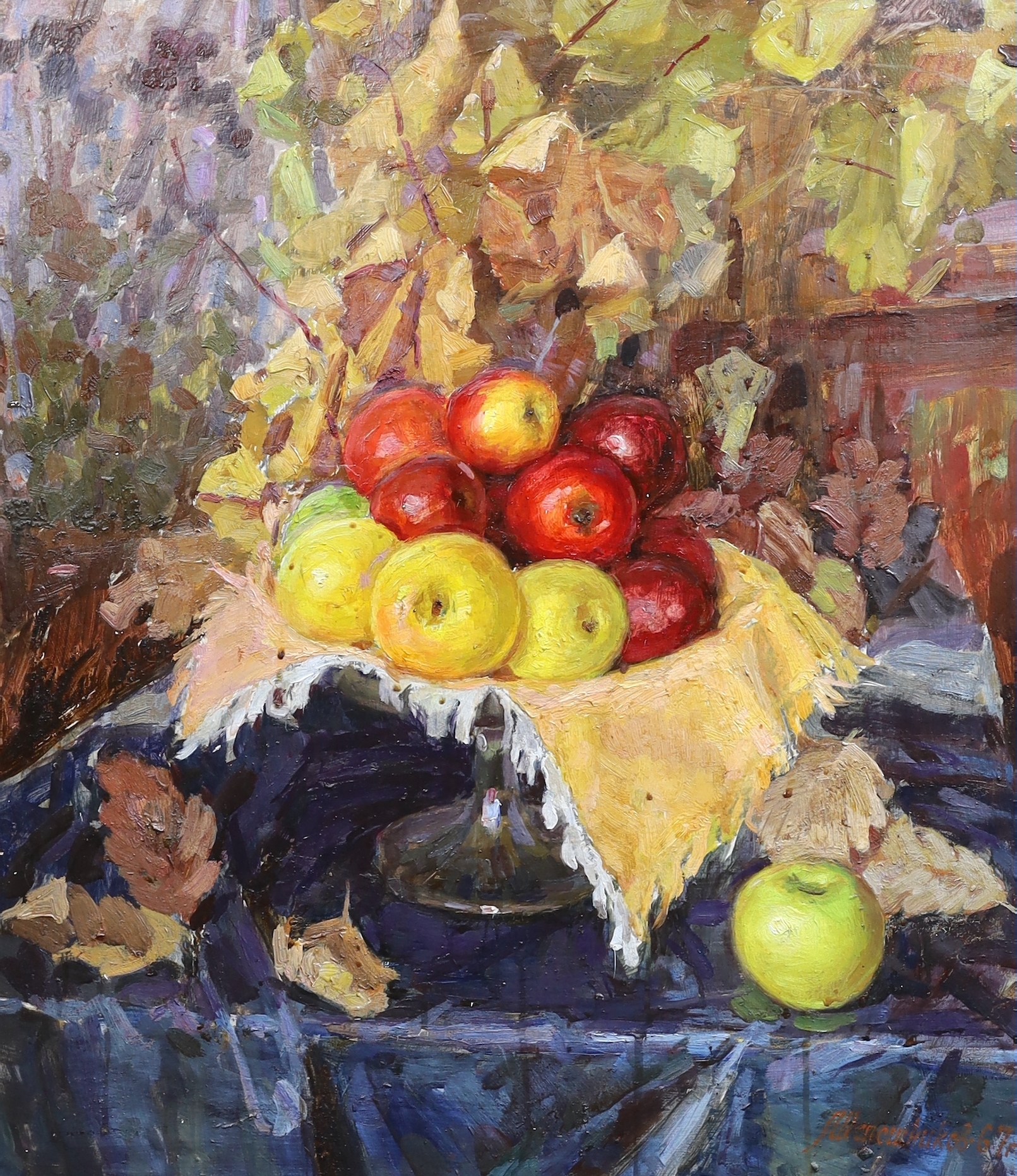 Mikhail Alexandrovich Shaposhnikov (Ukrainian, 1909-1989), Still life of apples in a bowl upon a table top, oil on card, 67 x 58cm